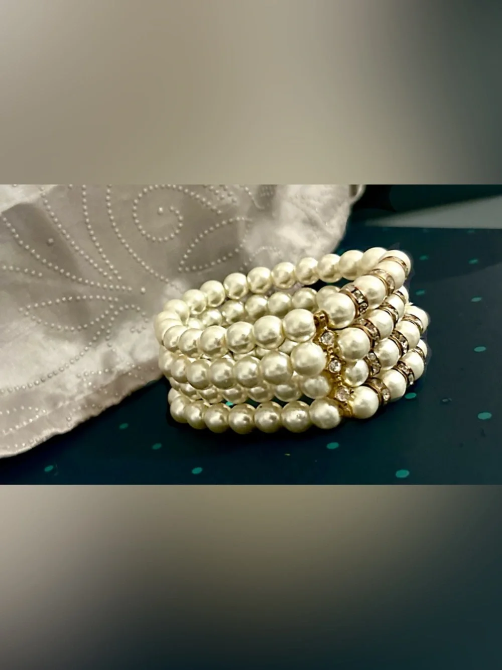 Beautiful Four-row Faux Pearl Stretch Bracelet with Gold & Crystal Accents - Picture 9 of 11